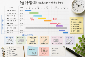 編集業務を含む進行管理の工程と担当者をまとめたスケジュール図