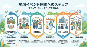 「イベント開催までのステップ」を図解やフローチャート（例：「町内会参加」→「関係構築」→「仲間集め」→「行政への相談」