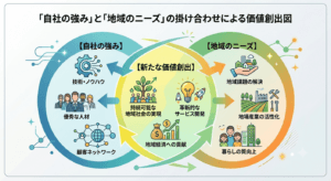 「自社の強み」と「地域のニーズ」の掛け合わせによる価値創出を図式化