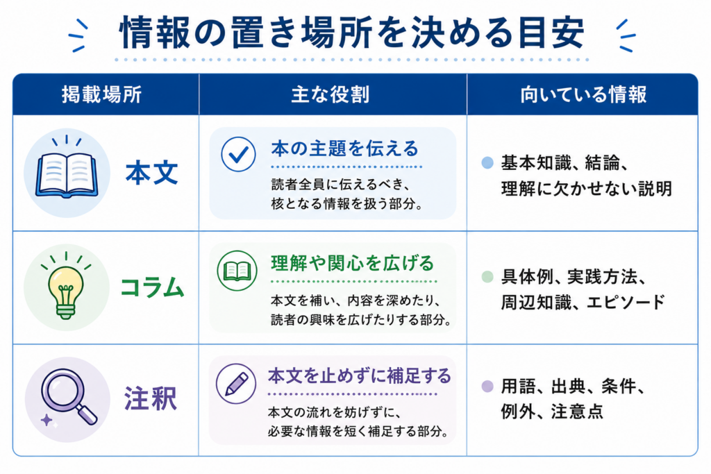 本文、コラム、注釈の役割と向いている情報を整理した表