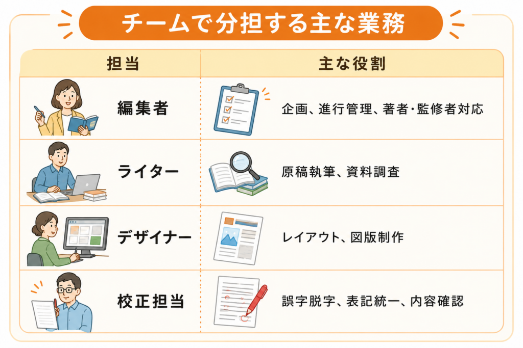 編集者、ライター、デザイナー、校正担当の役割分担を整理した表