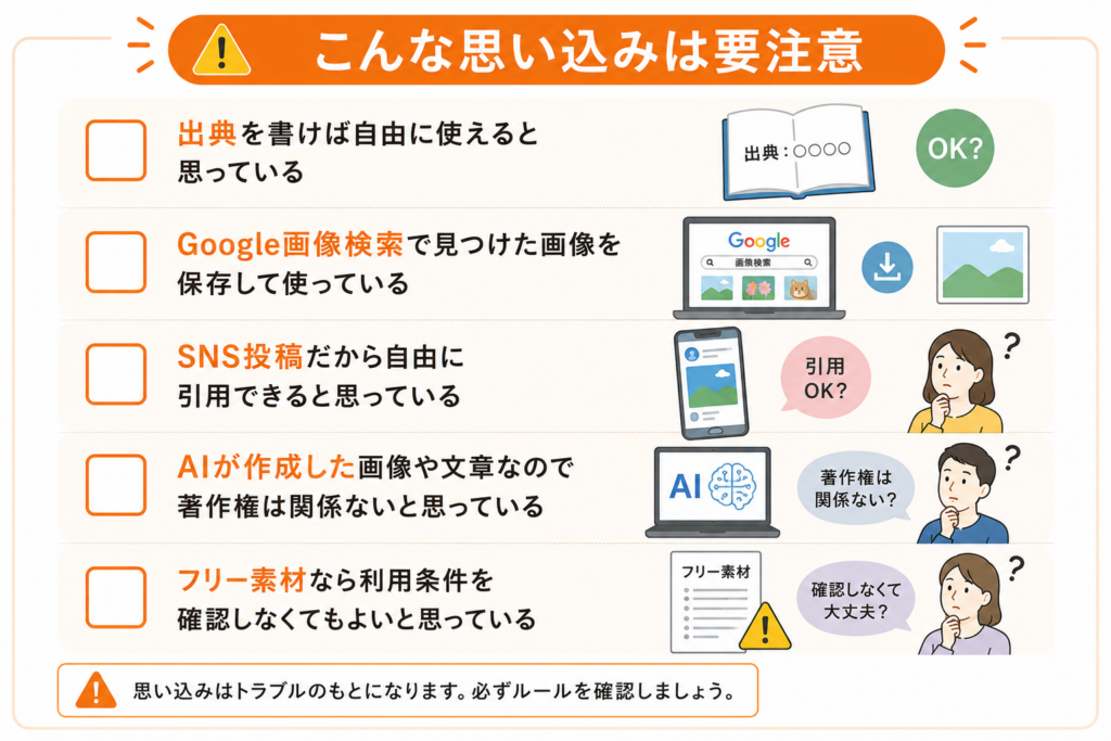 出典、画像検索、SNS、AI生成物、フリー素材に関する著作権の思い込みを確認するチェックリスト