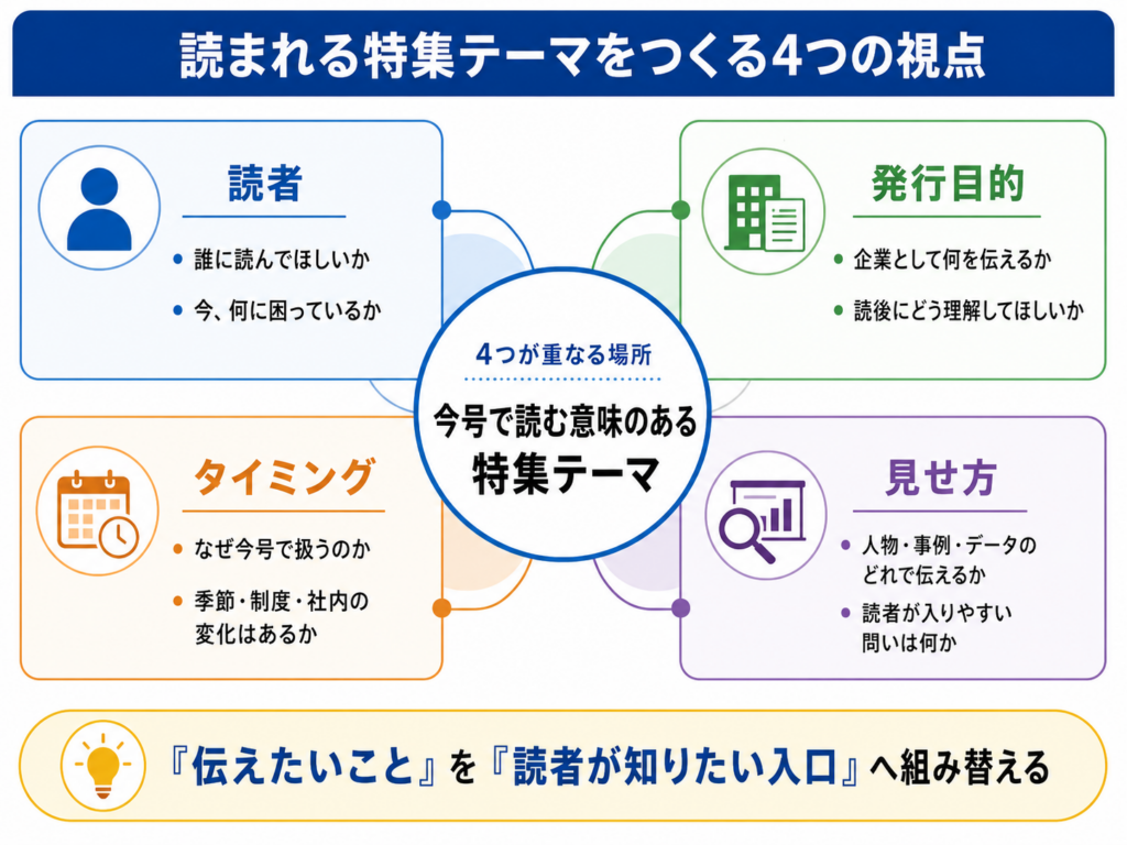 読者、発行目的、タイミング、見せ方から特集テーマを考える図