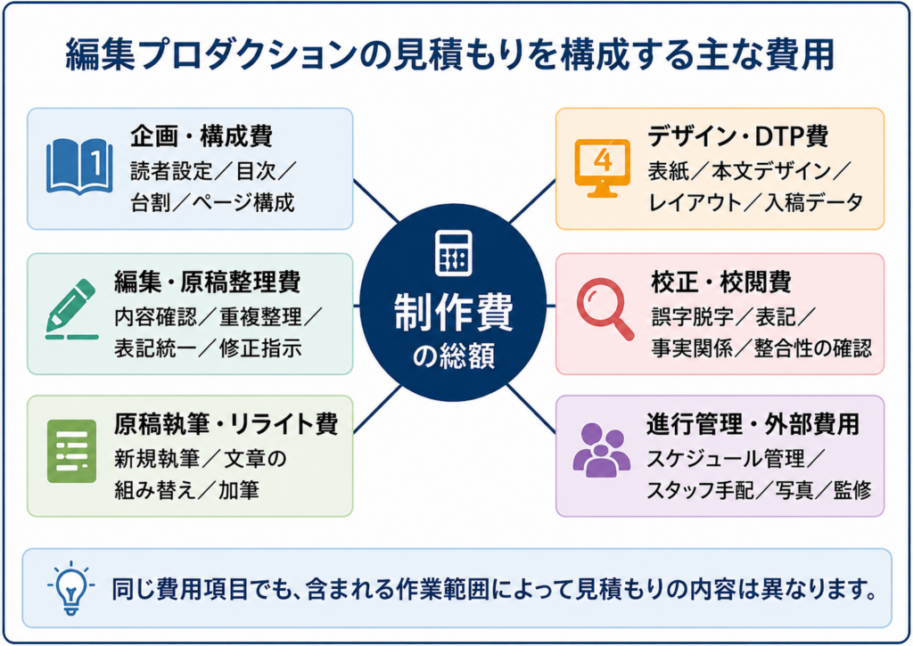編集プロダクションの制作費を六つの項目に分けた関係図