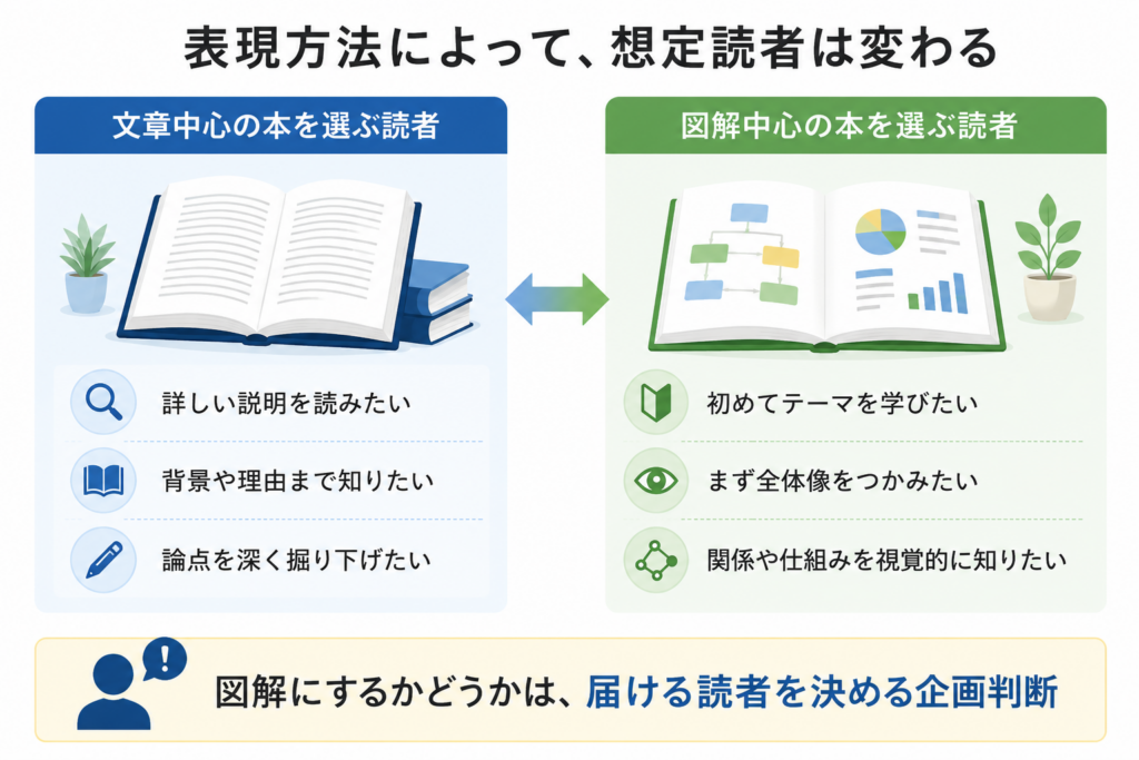 文章中心の本と図解中心の本で想定読者がどのように変わるかを比較した図