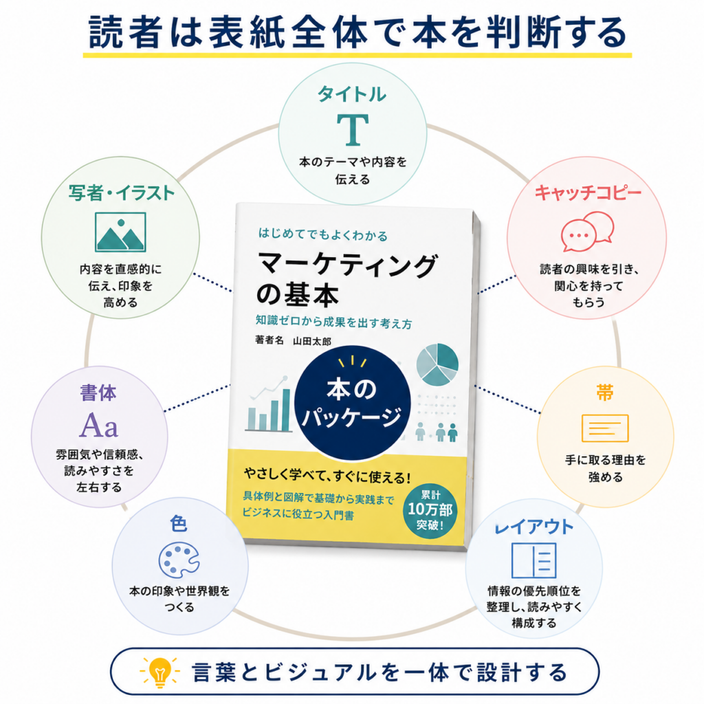 タイトル、帯、写真、色、書体、レイアウトなど表紙を構成する要素