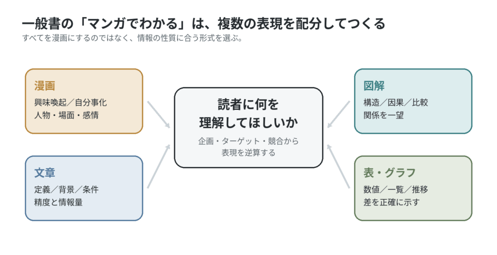一般書の内容に応じて、漫画・文章・図解・表やグラフを配分する考え方を示した図