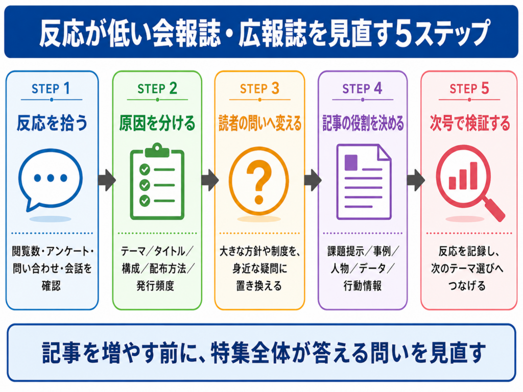 読者反応の確認から次号の検証までを示した会報誌改善フロー