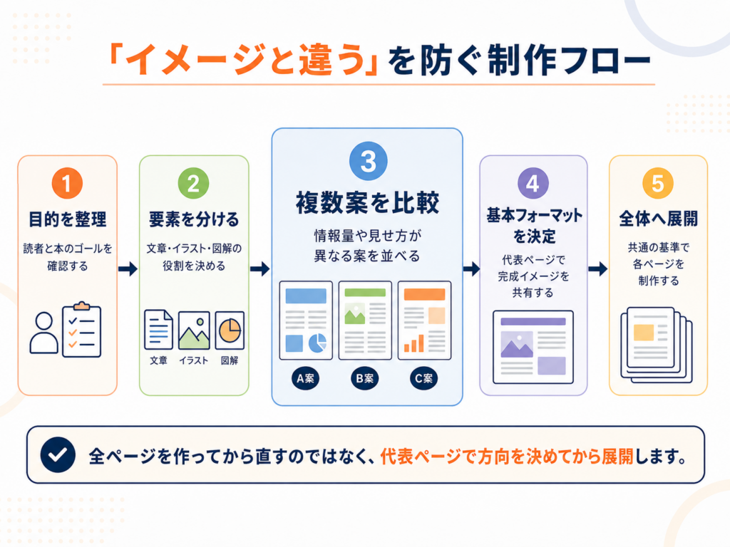 目的整理から複数案比較、基本フォーマット決定までの制作フロー