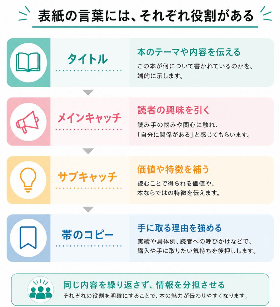 タイトル、メインキャッチ、サブキャッチ、帯コピーの役割分担
