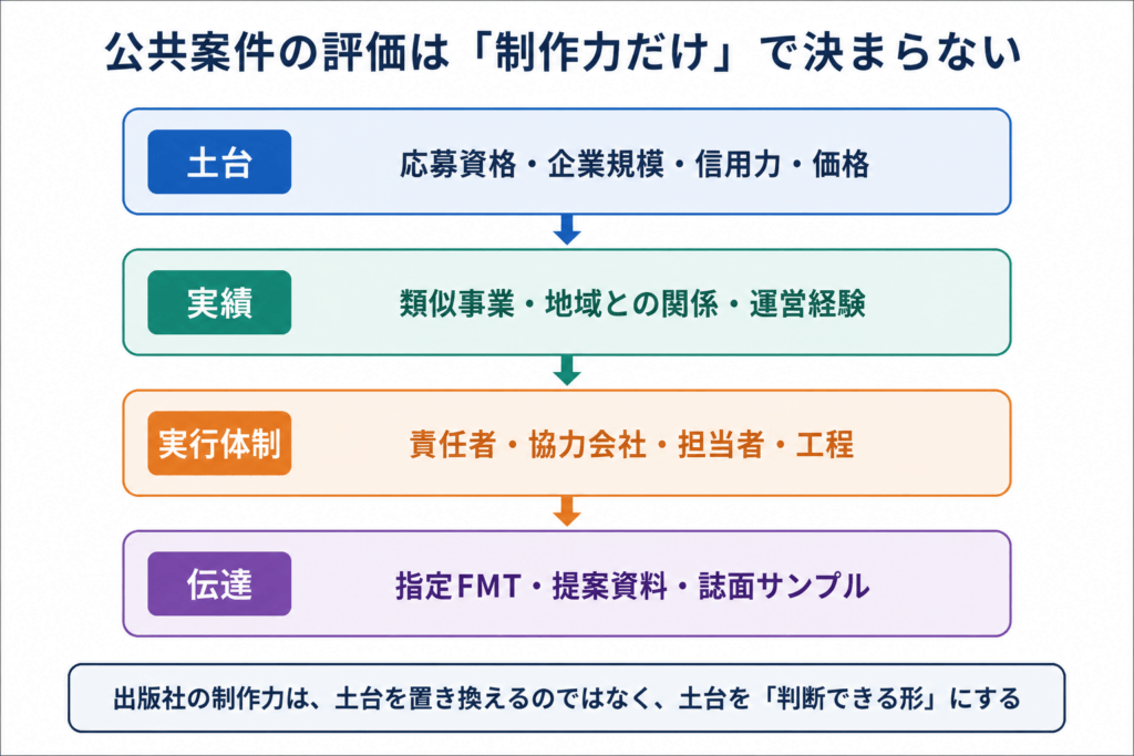 公共案件の評価要素を、土台、実績、実行体制、伝達の四層に分けた図
