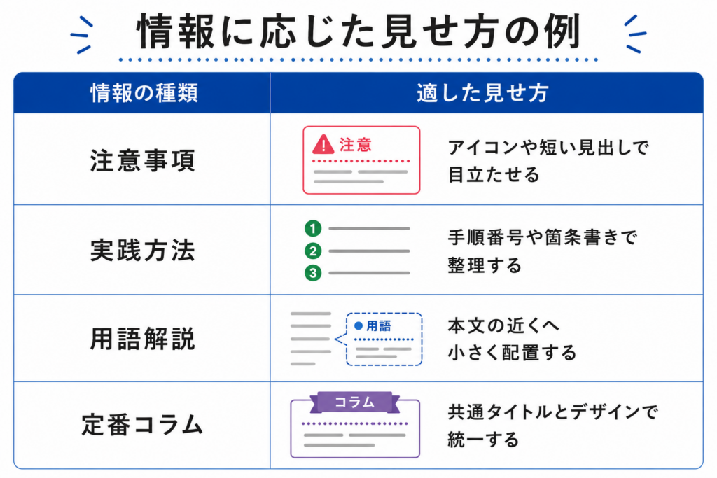 注意事項、実践方法、用語解説、定番コラムに適した見せ方の例