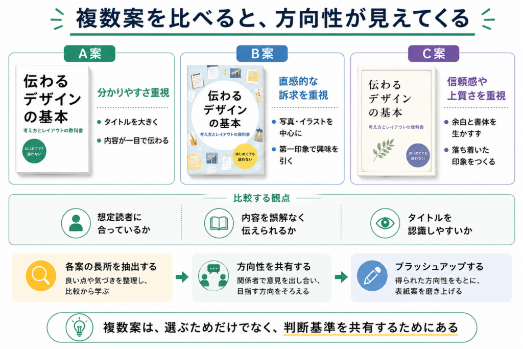 複数の表紙案を比較して企画に合う方向性を決める制作フロー